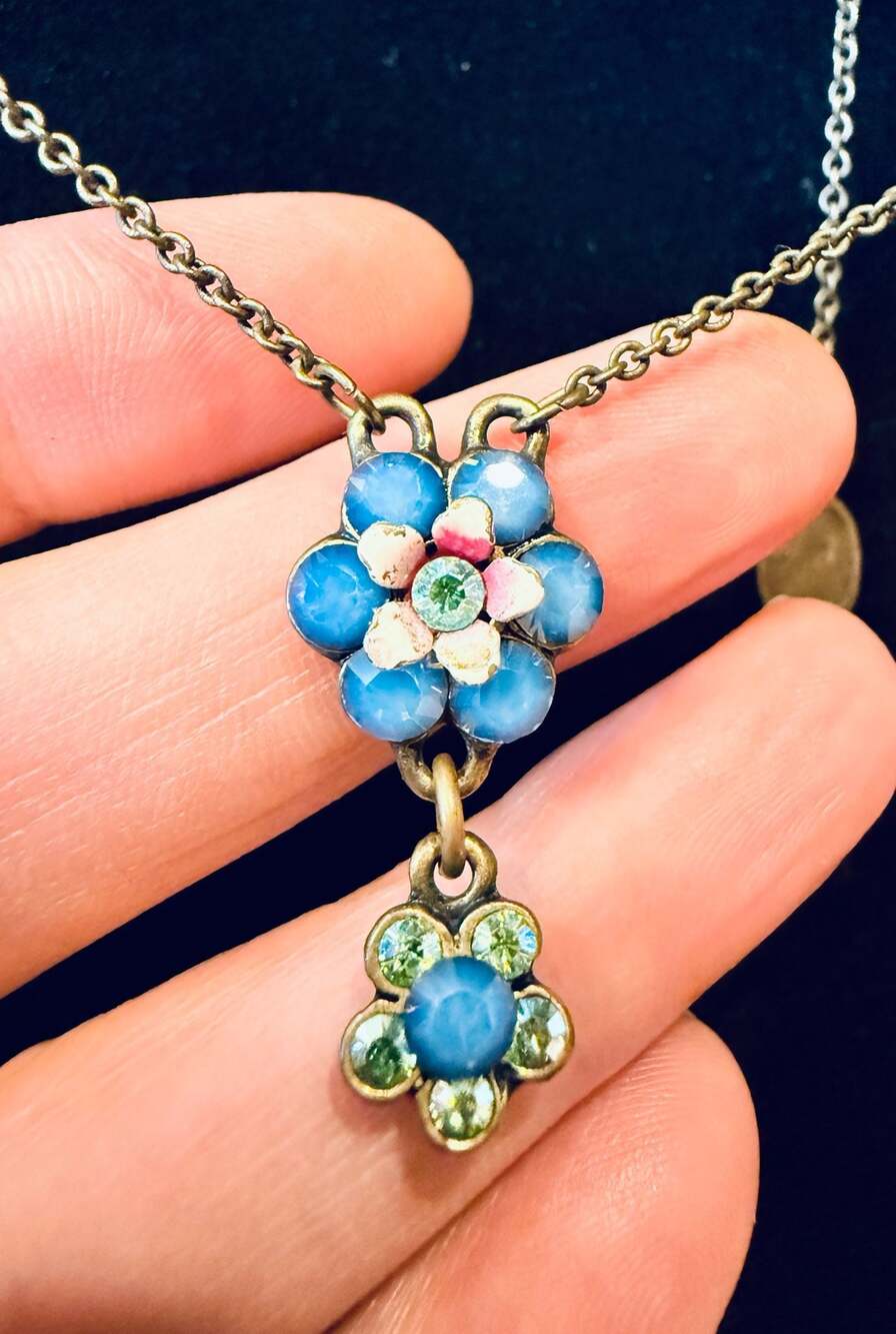Michal Negrin Vintage Blue Swarovski Crystal Flower Pendant Necklace